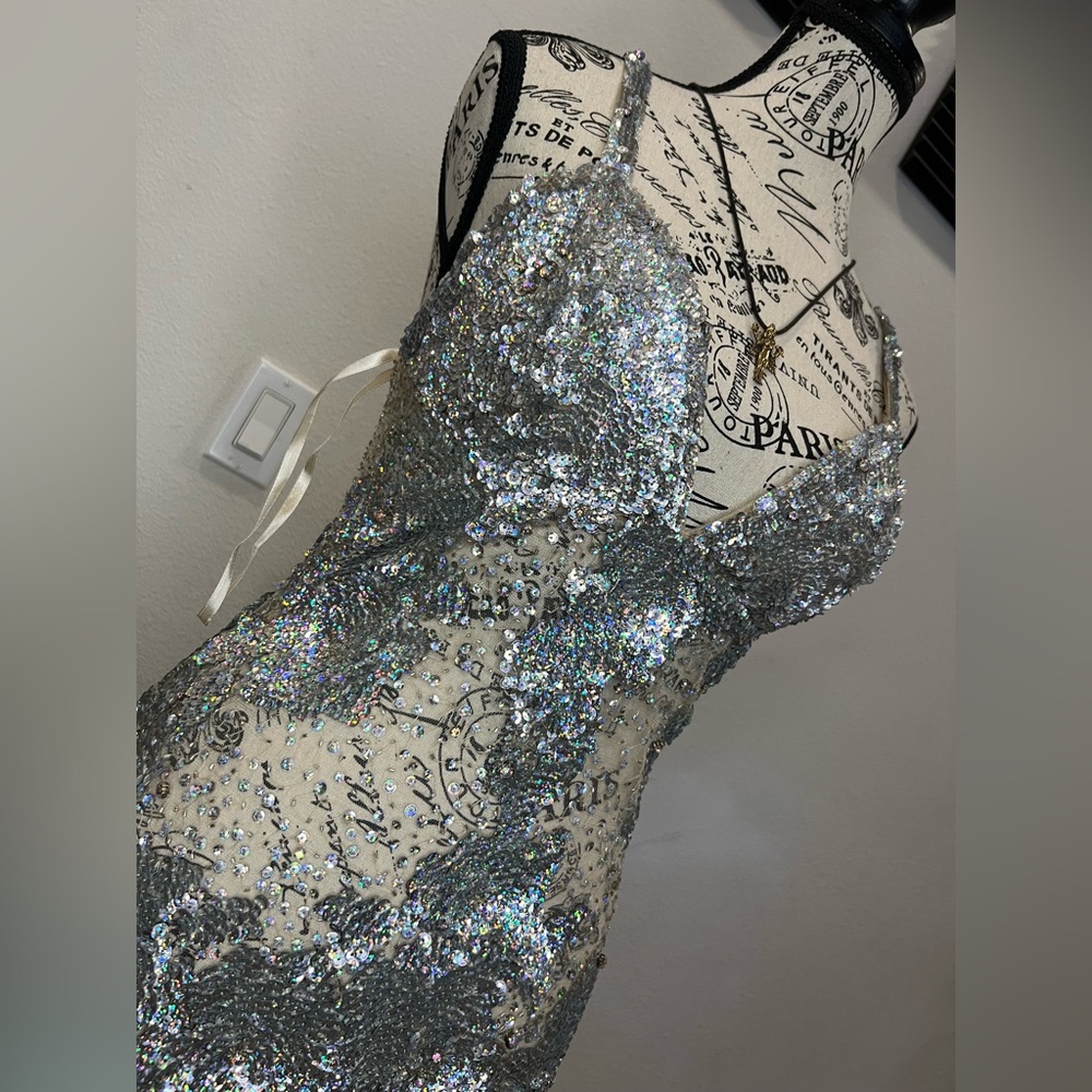 Jovani classic sequins handmade sheer dress, silver color, excellent